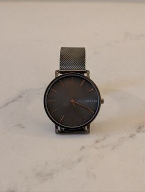 Skagen Black Dial Watch with Rose-Gold Accents and Black Mesh Strap